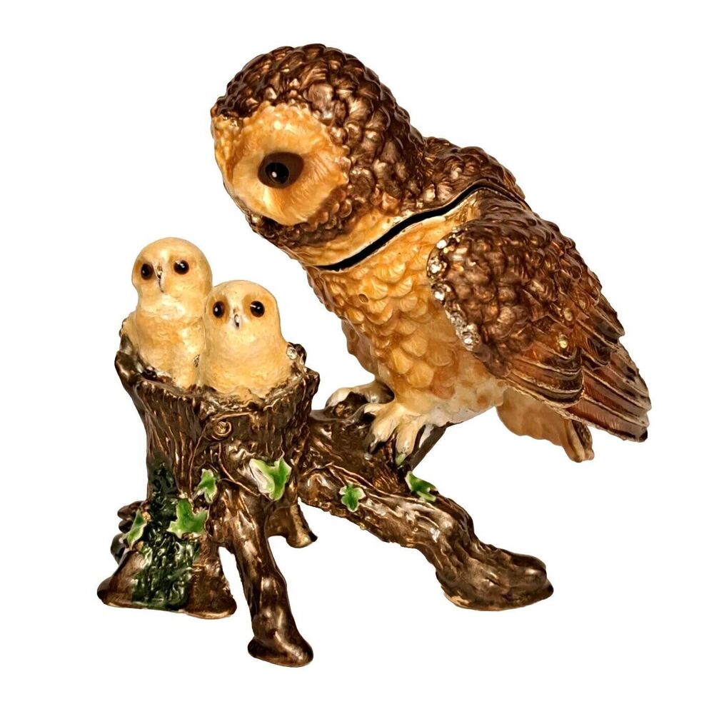 Owl With Babies Jewelry Trinket Box Metal Magnetic 3 Inch Rhinestones